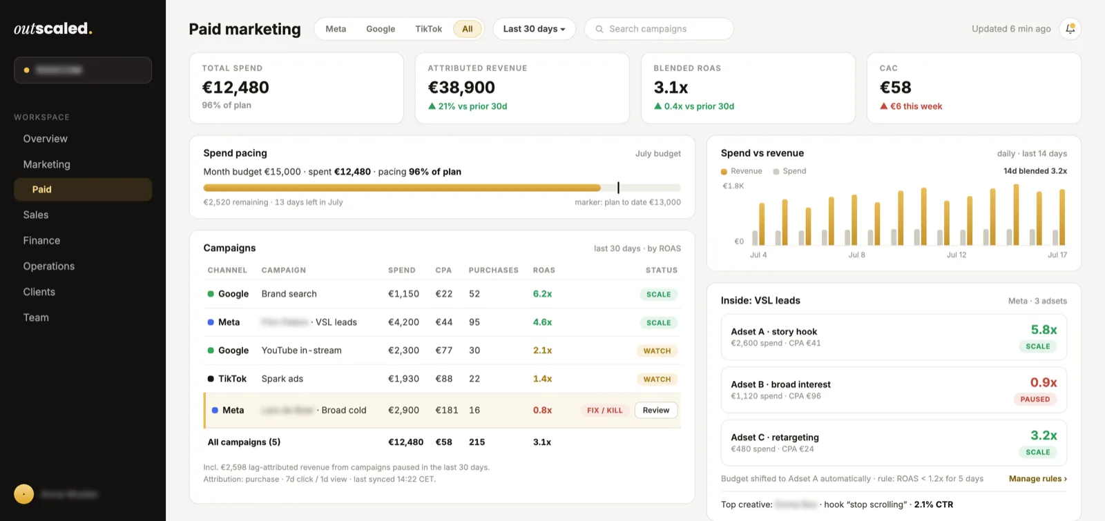 Paid marketing: campaigns by ROAS across Meta, Google and TikTok with adset breakdown